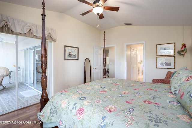 bedroom with lofted ceiling, ceiling fan, visible vents, and wood finished floors