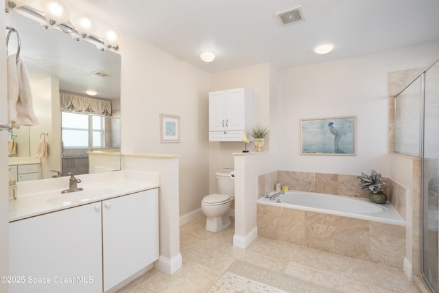 full bathroom with toilet, visible vents, a bath, and vanity