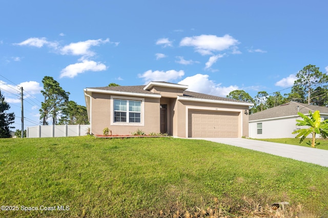 view of front of home with stucco siding, an attached garage, a front yard, fence, and driveway