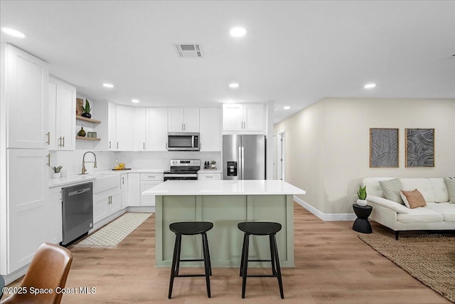 kitchen featuring white cabinetry, visible vents, appliances with stainless steel finishes, and light countertops