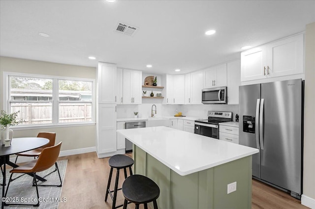 kitchen with open shelves, stainless steel appliances, light countertops, visible vents, and white cabinets