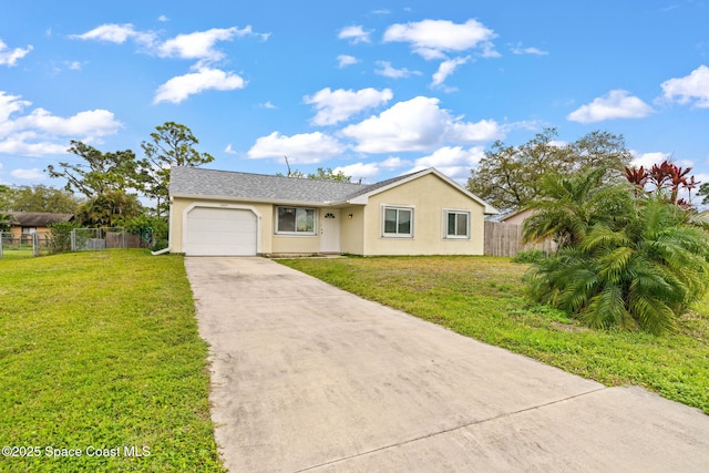 ranch-style home with a garage, a front lawn, fence, and stucco siding