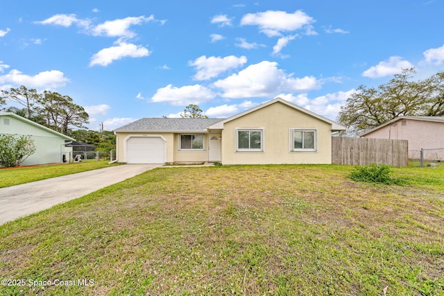 single story home featuring concrete driveway, an attached garage, fence, a front yard, and stucco siding