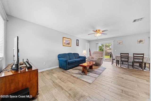 living room with light wood finished floors, visible vents, a ceiling fan, a textured ceiling, and baseboards