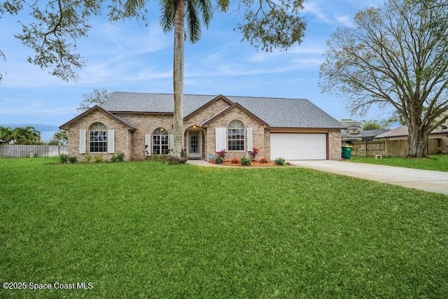 view of front of house featuring a garage, brick siding, fence, concrete driveway, and a front lawn