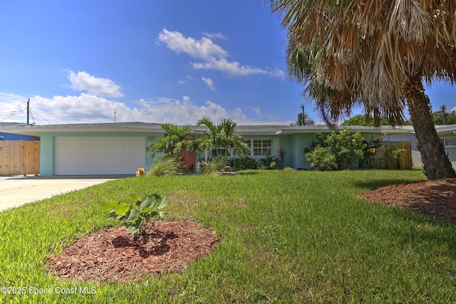 ranch-style house featuring an attached garage, stucco siding, driveway, and a front yard