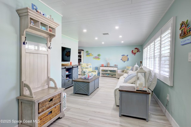 bedroom with light wood finished floors, recessed lighting, visible vents, wooden ceiling, and baseboards