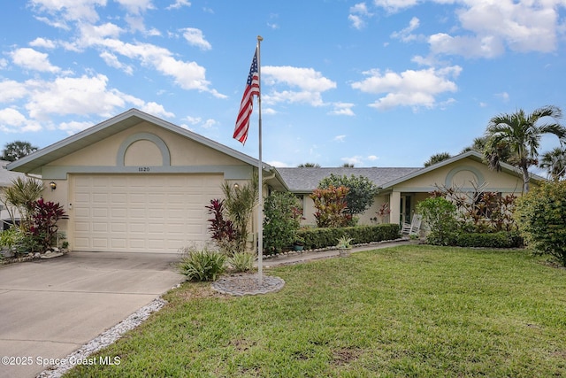 ranch-style house with concrete driveway, a front yard, an attached garage, and stucco siding