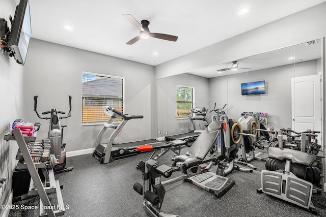 workout area with recessed lighting, ceiling fan, and baseboards