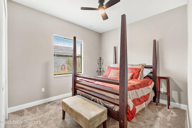 bedroom featuring carpet flooring, a ceiling fan, and baseboards