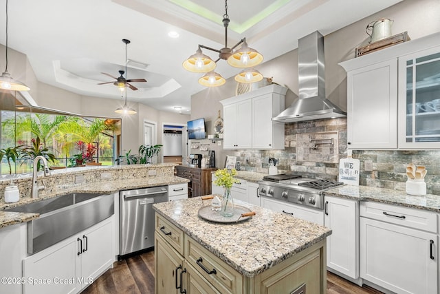 kitchen with stainless steel appliances, a sink, decorative backsplash, wall chimney exhaust hood, and a tray ceiling