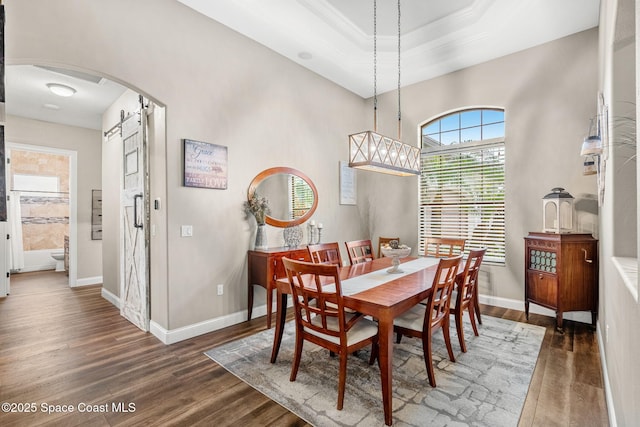 dining area with arched walkways, a tray ceiling, a barn door, wood finished floors, and baseboards