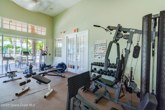 workout area with french doors and a high ceiling