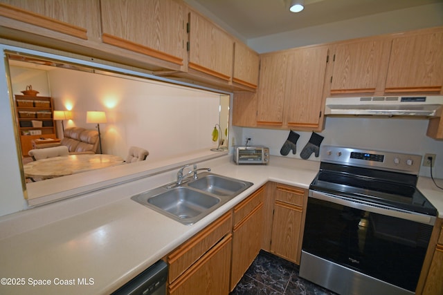 kitchen with marble finish floor, stainless steel electric stove, light countertops, under cabinet range hood, and a sink