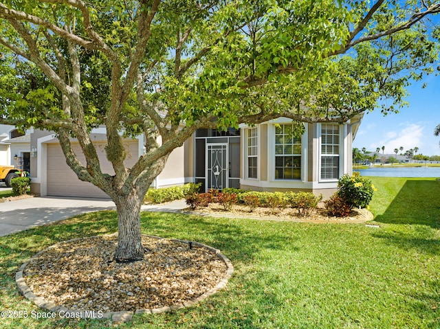 view of property hidden behind natural elements with a front lawn, a water view, stucco siding, a garage, and driveway