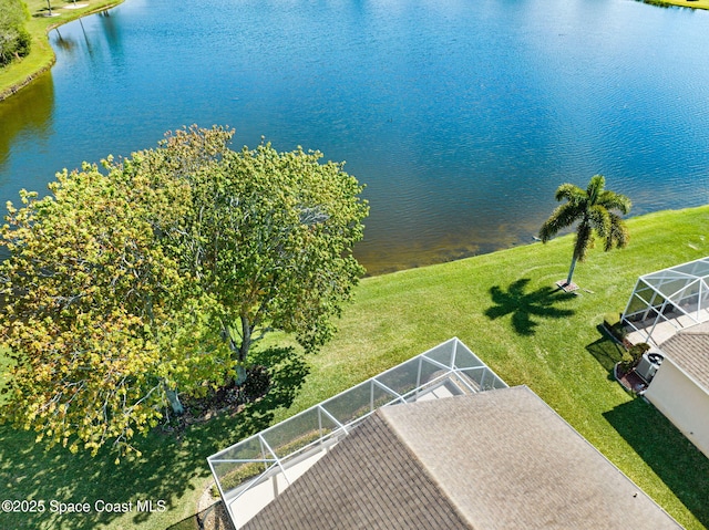 drone / aerial view featuring a water view