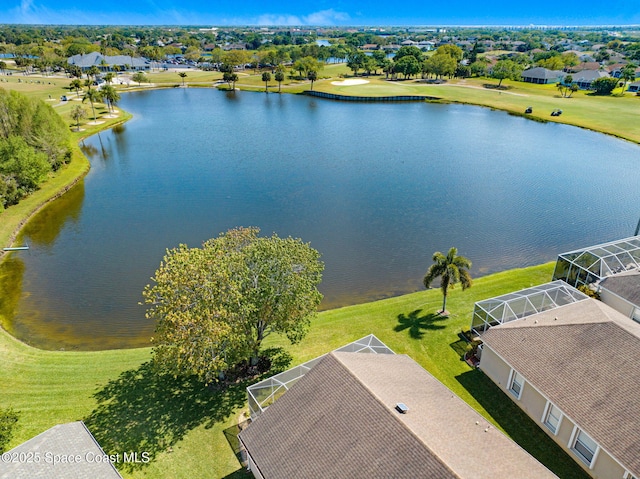 drone / aerial view featuring a water view