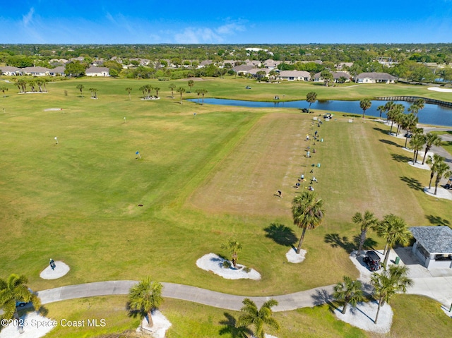 bird's eye view with golf course view and a water view