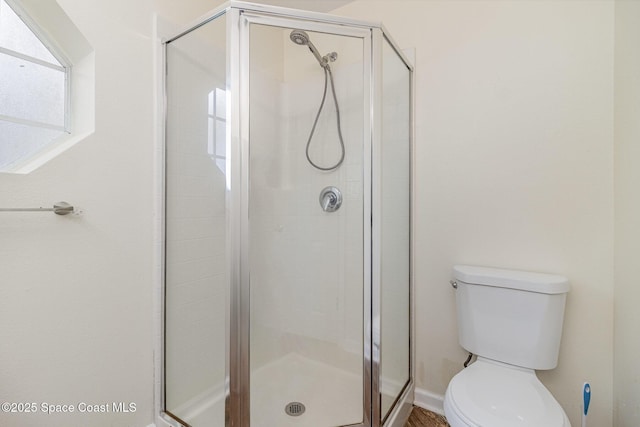 bathroom with toilet and a stall shower