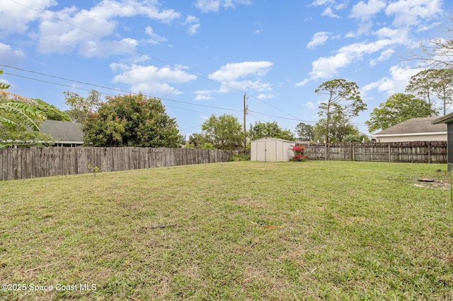 view of yard featuring a fenced backyard, an outdoor structure, and a shed