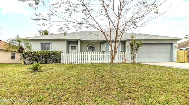 ranch-style house featuring a fenced front yard, a garage, concrete driveway, stucco siding, and a front yard