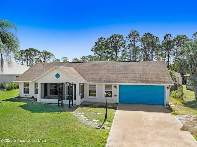 single story home with an attached garage, concrete driveway, a front yard, and stucco siding