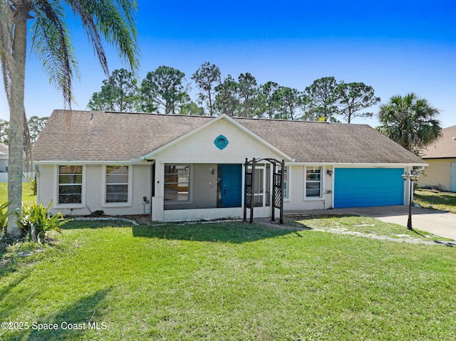 single story home featuring stucco siding, a shingled roof, a front yard, a garage, and driveway