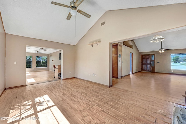 unfurnished living room featuring visible vents, high vaulted ceiling, ceiling fan, and light wood-style flooring