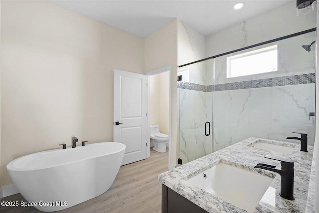 bathroom with double vanity, a marble finish shower, toilet, a freestanding tub, and a sink