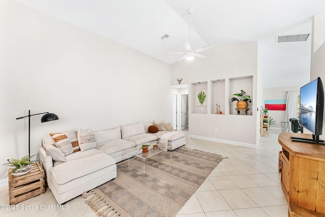 living area featuring visible vents, ceiling fan, baseboards, and light tile patterned floors