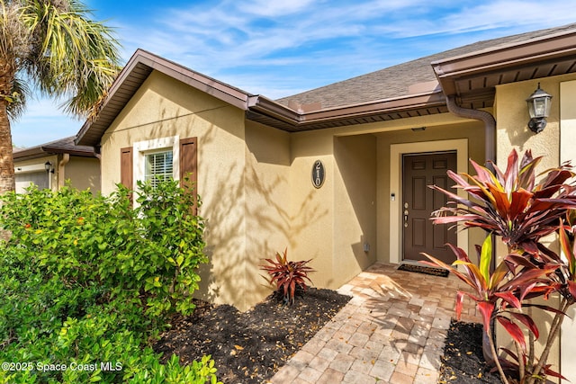 view of exterior entry featuring stucco siding