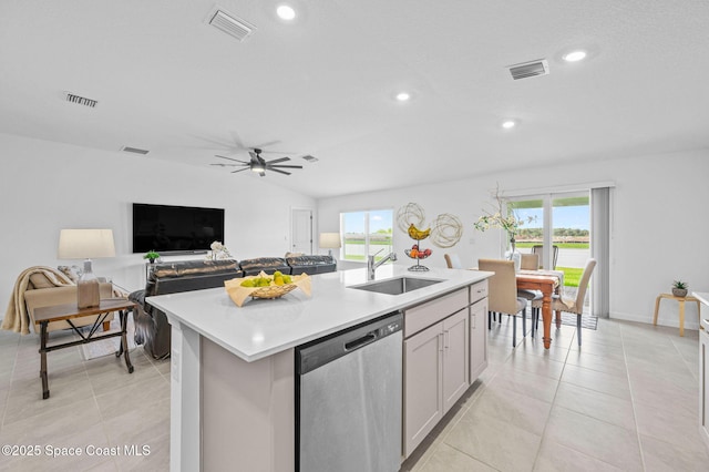 kitchen featuring a kitchen island with sink, a sink, visible vents, light countertops, and stainless steel dishwasher