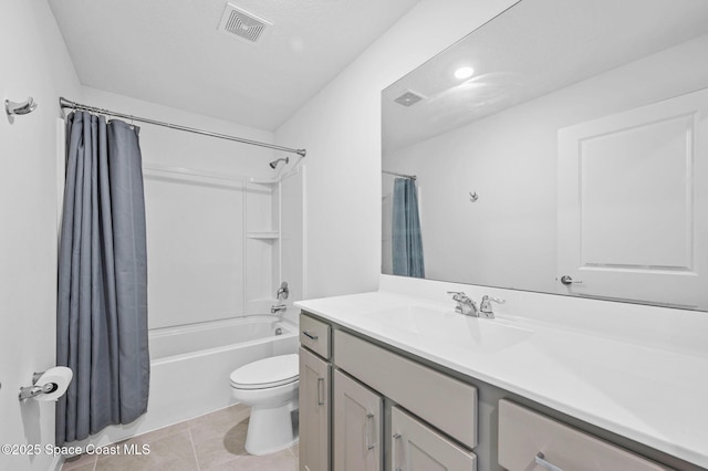 full bath with visible vents, toilet, shower / tub combo with curtain, tile patterned floors, and vanity