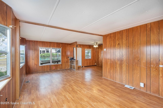 unfurnished room with a ceiling fan, visible vents, wood walls, and wood finished floors