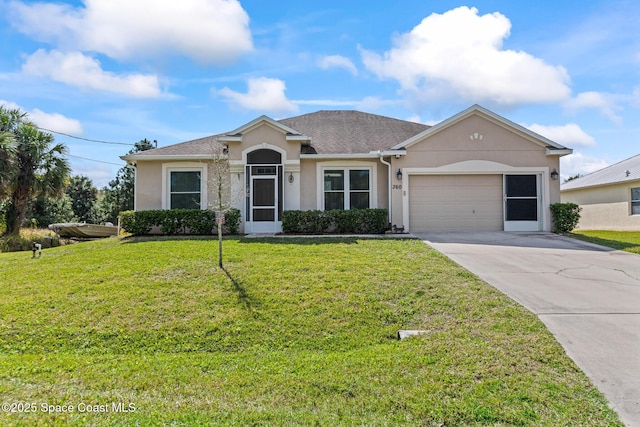 ranch-style house with concrete driveway, an attached garage, a front lawn, and stucco siding