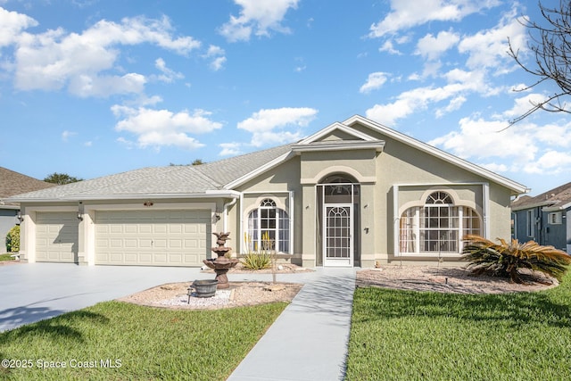 single story home featuring a front yard, concrete driveway, an attached garage, and stucco siding