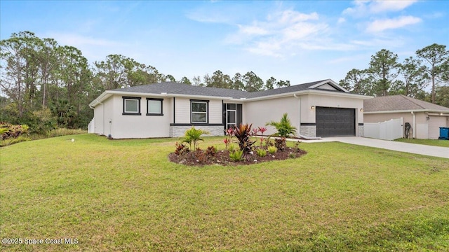 ranch-style house with a garage, stone siding, a front lawn, and concrete driveway