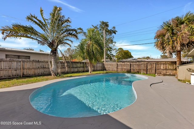 view of swimming pool featuring a patio area, a fenced backyard, and a fenced in pool