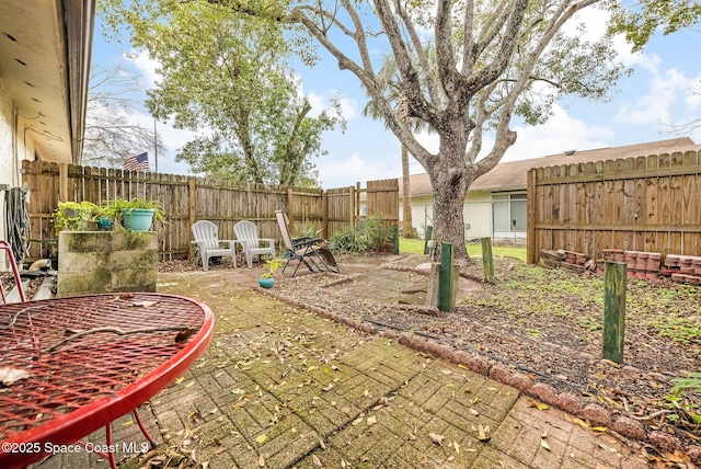 view of yard featuring a patio area and a fenced backyard