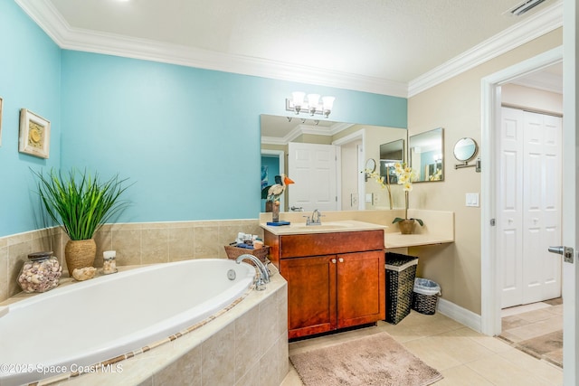 bathroom featuring vanity, ornamental molding, a closet, a bath, and tile patterned floors