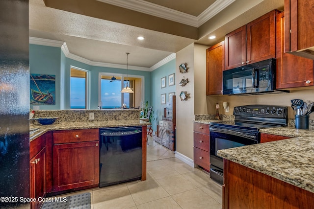 kitchen featuring light tile patterned floors, ornamental molding, light stone countertops, reddish brown cabinets, and black appliances