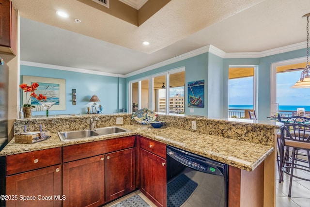 kitchen with dishwasher, ornamental molding, a water view, a peninsula, and a sink