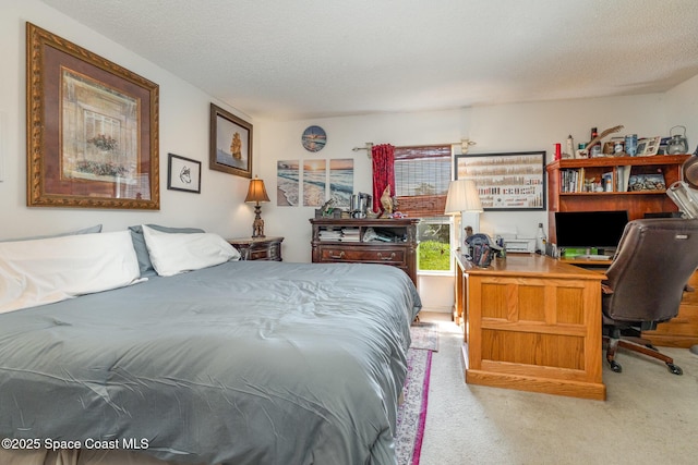 bedroom featuring light carpet and a textured ceiling