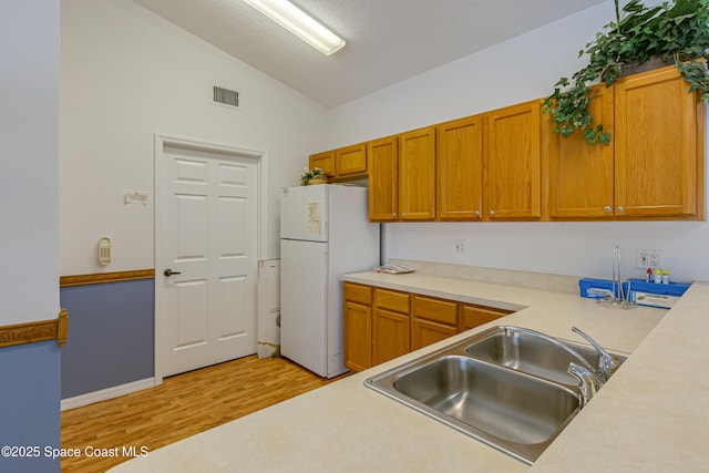 kitchen with light wood-style flooring, a sink, visible vents, light countertops, and freestanding refrigerator