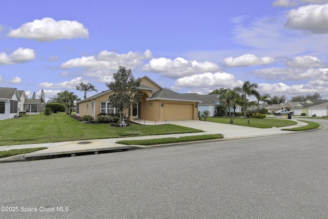 view of front of property featuring stucco siding, concrete driveway, a front yard, a garage, and a residential view