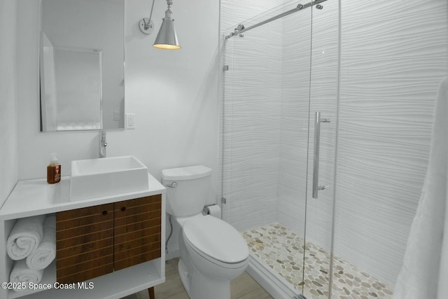 full bath with toilet, a shower stall, and vanity