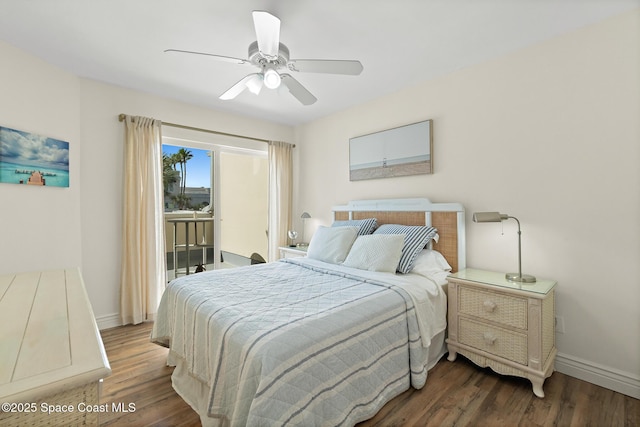 bedroom featuring baseboards, wood finished floors, a ceiling fan, and access to exterior