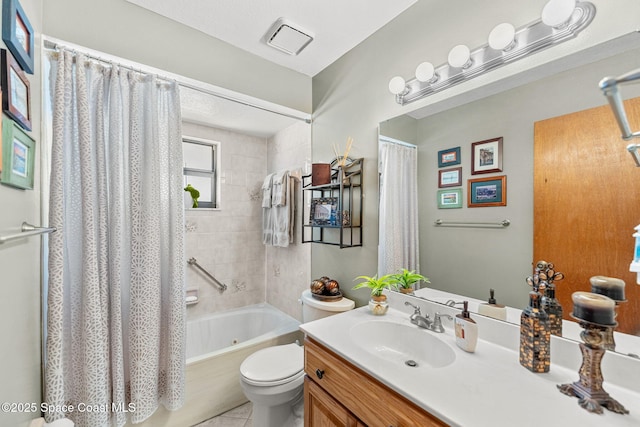 bathroom with tile patterned flooring, toilet, visible vents, vanity, and shower / bathtub combination with curtain