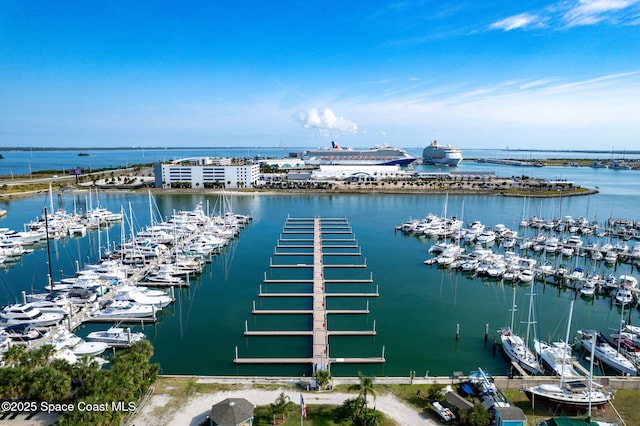 aerial view featuring a water view