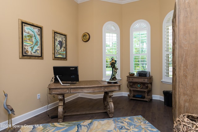 office space with dark wood-style flooring and baseboards